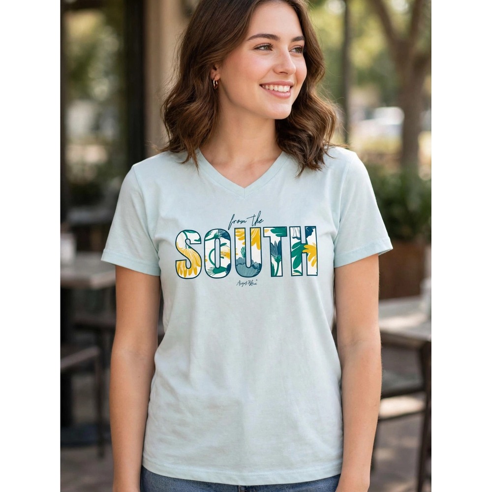 August Bleu From the South Graphic V-Neck T-Shirt Light Blue XL NWT